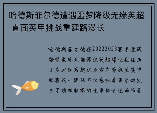 哈德斯菲尔德遭遇噩梦降级无缘英超 直面英甲挑战重建路漫长
