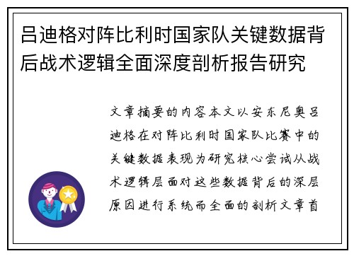 吕迪格对阵比利时国家队关键数据背后战术逻辑全面深度剖析报告研究