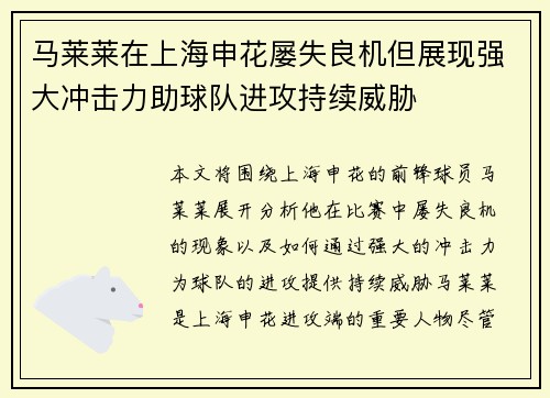 马莱莱在上海申花屡失良机但展现强大冲击力助球队进攻持续威胁